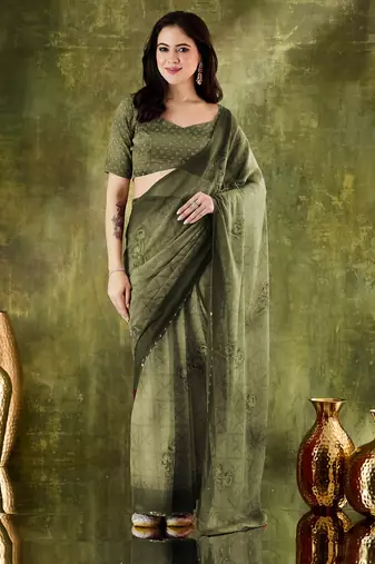 Mahendi color bollywood style printed chiffon saree for ethnic party looks