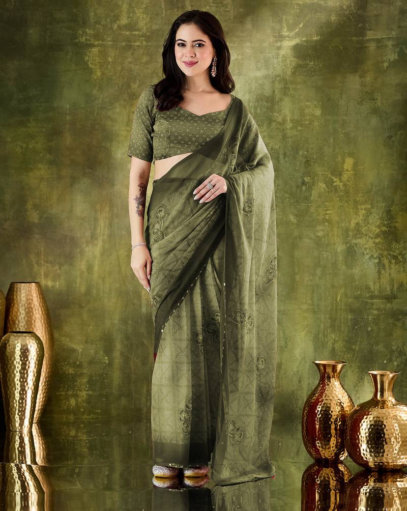 Mahendi color bollywood style printed chiffon saree for ethnic party looks
