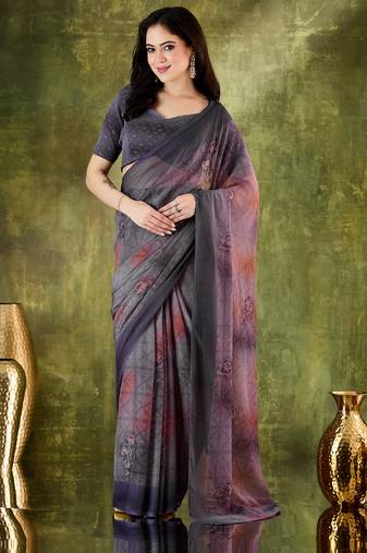 Purple color bollywood style printed chiffon saree for ethnic party looks