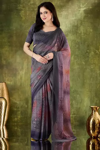 Purple style printed chiffon saree for ethnic party looks