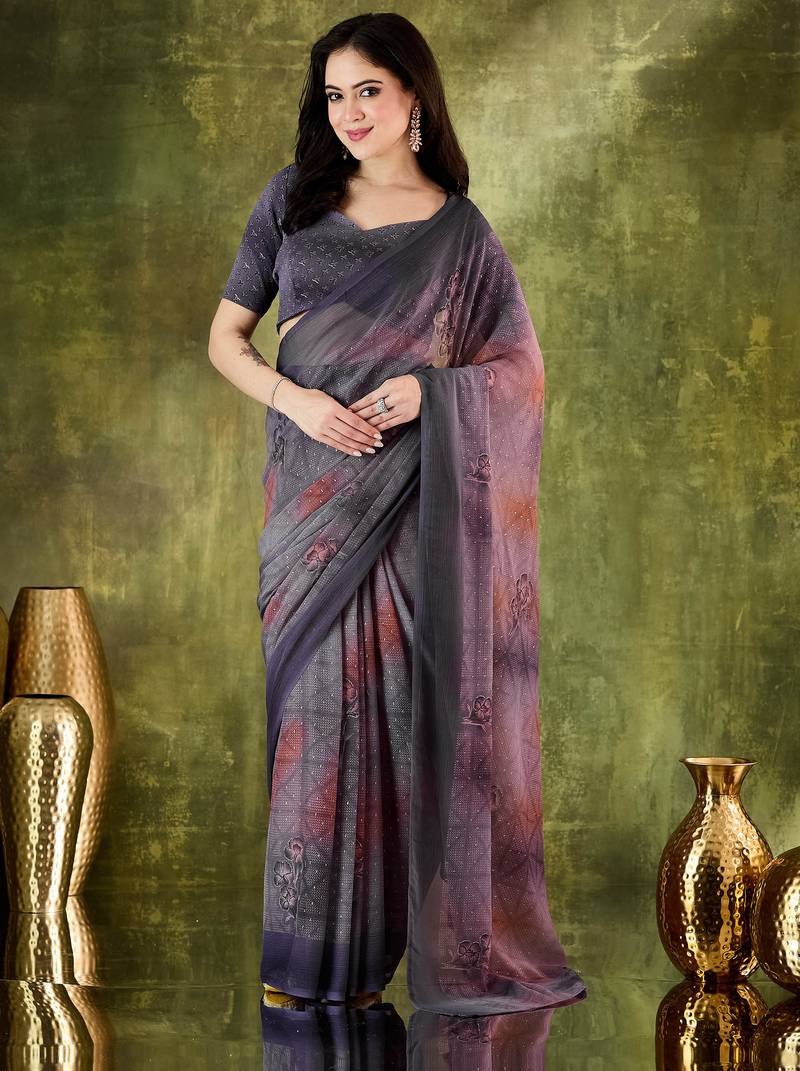 Purple color bollywood style printed chiffon saree for ethnic party looks