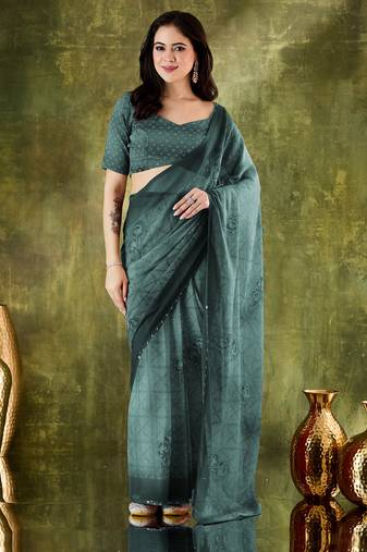 Rama color bollywood style printed chiffon saree for ethnic party looks