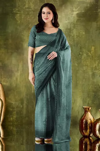 Rama color bollywood style printed chiffon saree for ethnic party looks