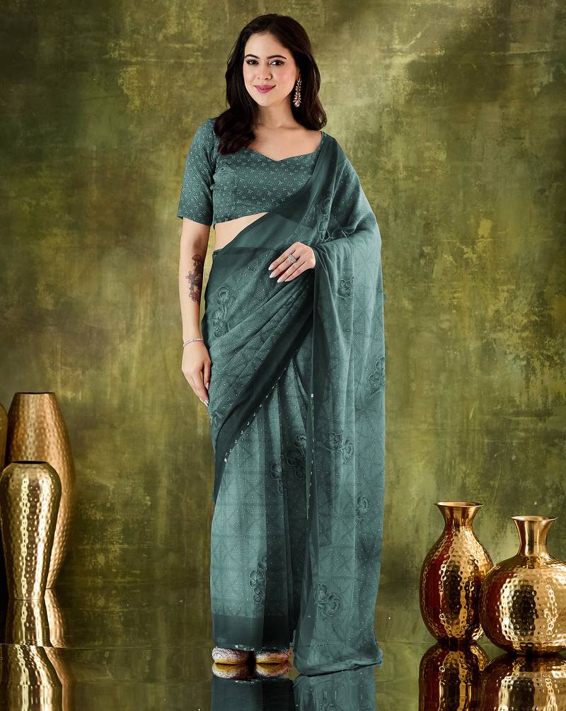 Rama color bollywood style printed chiffon saree for ethnic party looks
