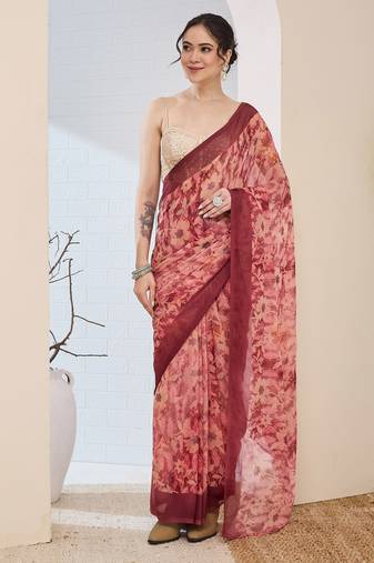 Rust color bollywood style printed chiffon saree for ethnic party looks
