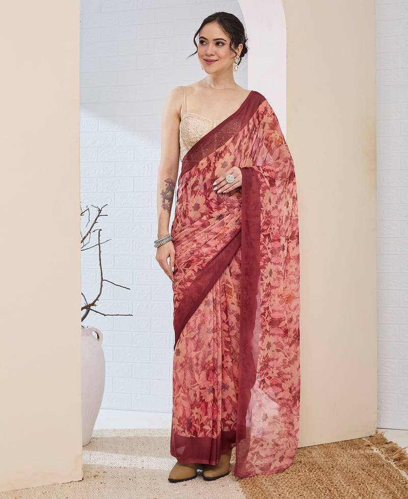 Rust color bollywood style printed chiffon saree for ethnic party looks