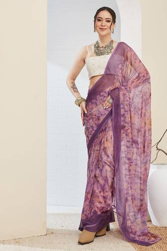 Purple color bollywood style printed chiffon saree for ethnic party looks
