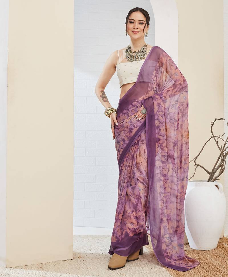 Purple color bollywood style printed chiffon saree for ethnic party looks