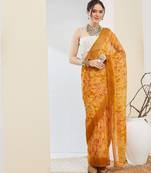 Yellow style printed chiffon saree for ethnic party looks