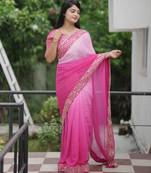 Pink faux georgette fabric beautiful padding saree with smart and trendy mirror work