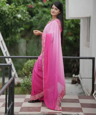 Pink faux georgette padding saree with smart and trendy mirror work 2