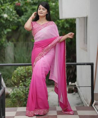 Pink faux georgette padding saree with smart and trendy mirror work 4