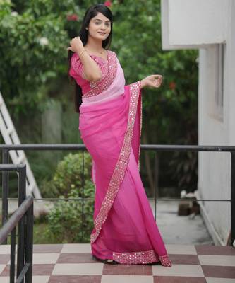 Pink faux georgette padding saree with smart and trendy mirror work 5