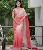 Peach faux georgette fabric beautiful padding saree with smart and trendy mirror work
