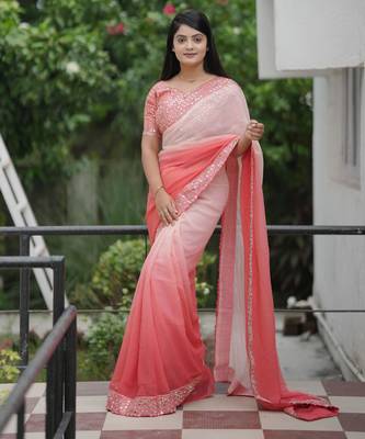 Peach faux georgette padding saree with smart and trendy mirror work 4