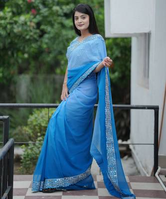 Blue faux georgette padding saree with smart and trendy mirror work 4