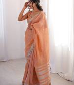 Peach spun cotton fabric designer woven saree