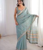 Sky blue spun cotton fabric designer woven saree
