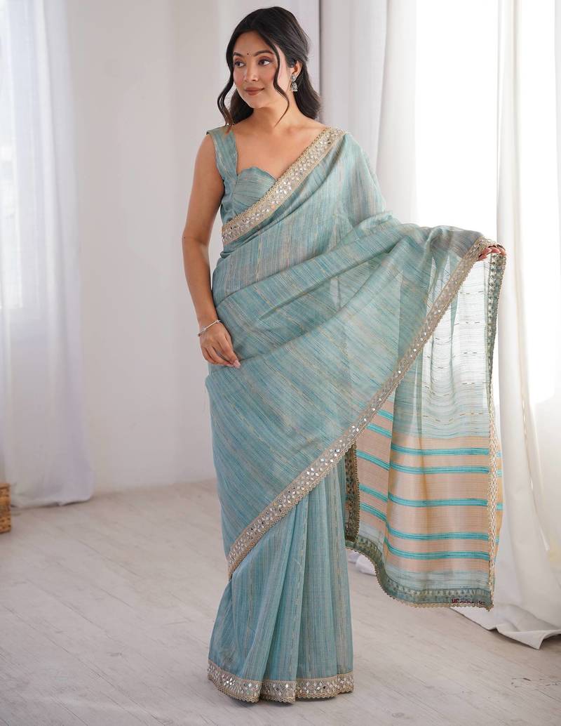 Sky blue color spun cotton fabric designer woven saree