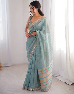 Sky blue spun cotton woven saree 4