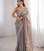 Grey spun cotton fabric designer woven saree