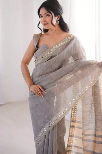 Grey spun cotton woven saree