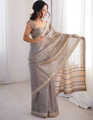 Grey spun cotton woven saree 4