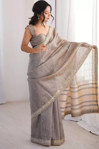 Grey spun cotton woven saree