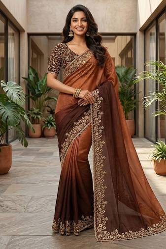Brown color beautiful sequins embroidered frendy chiffon ceremonial saree