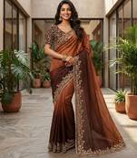 Brown beautiful sequins embroidered frendy chiffon ceremonial saree