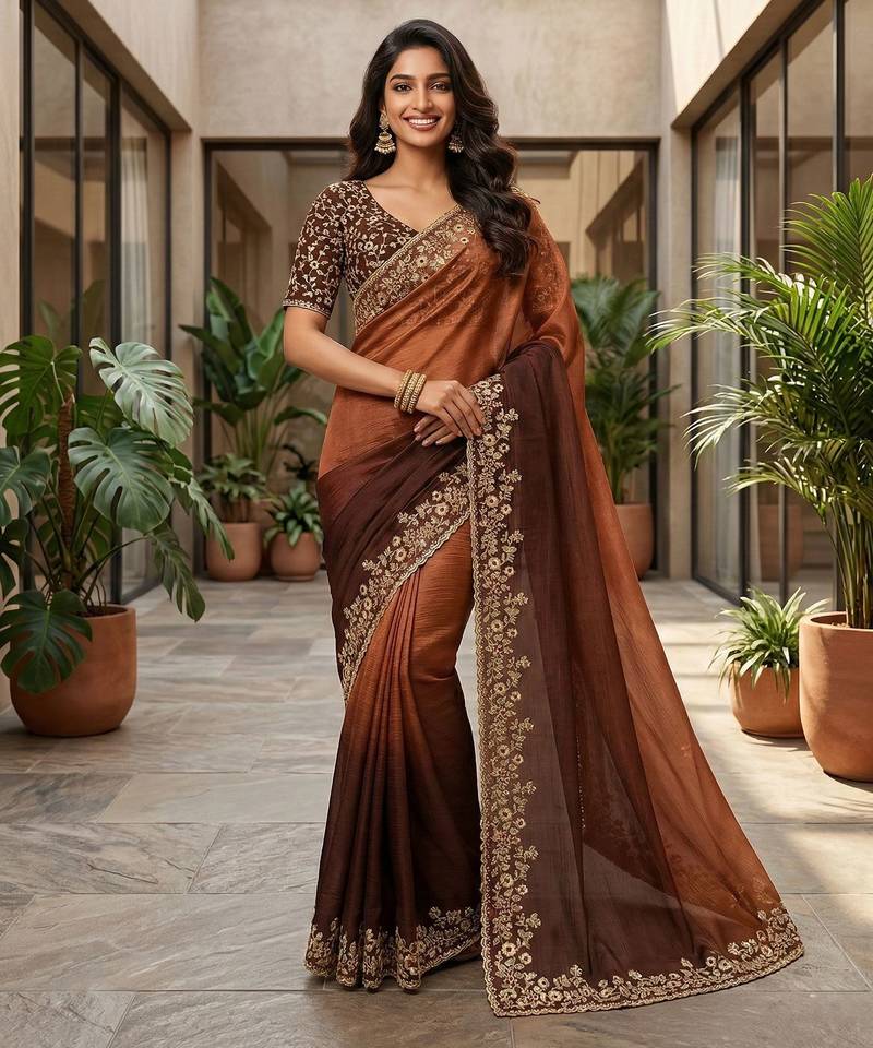 Brown color beautiful sequins embroidered frendy chiffon ceremonial saree
