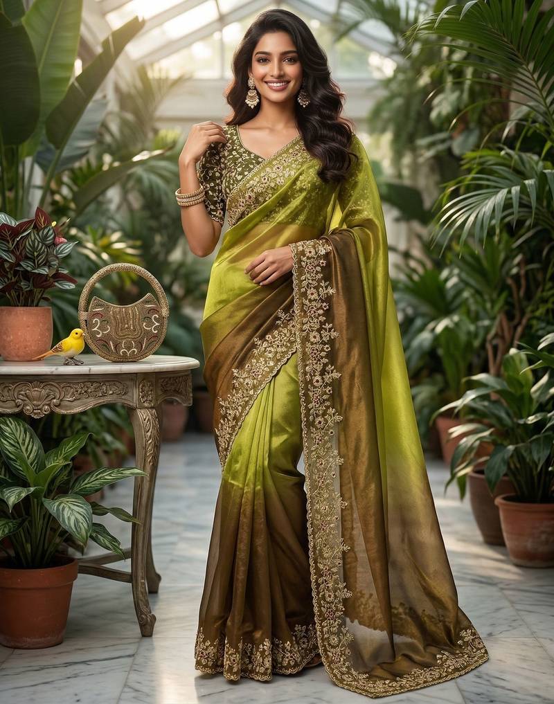 Mahendi color beautiful sequins embroidered frendy chiffon ceremonial saree