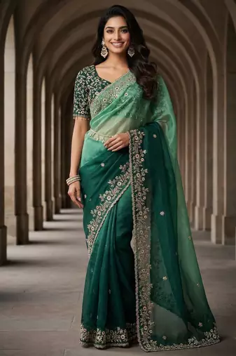 Rama color beautiful sequins embroidered frendy chiffon ceremonial saree