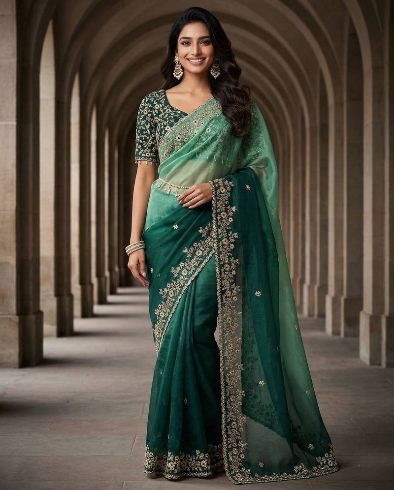 Rama color beautiful sequins embroidered frendy chiffon ceremonial saree
