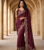 Maroon beautiful sequins embroidered frendy chiffon ceremonial saree
