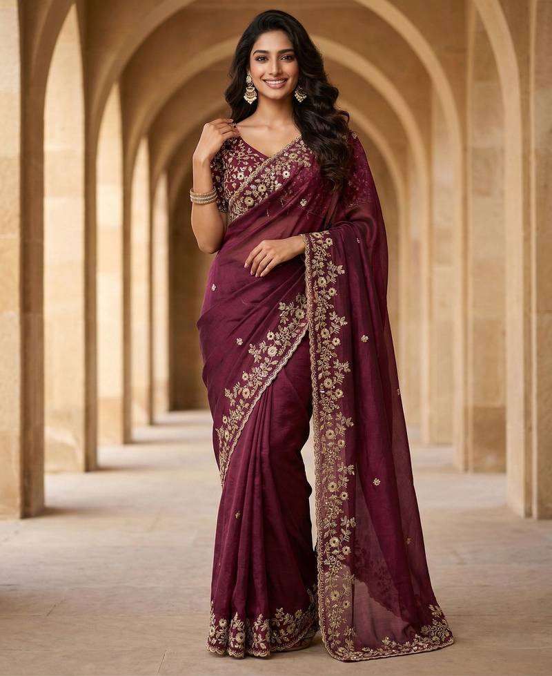 Maroon color beautiful sequins embroidered frendy chiffon ceremonial saree