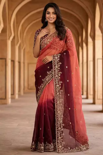 Maroon color beautiful sequins embroidered frendy chiffon ceremonial saree