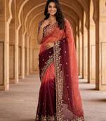 Maroon beautiful sequins embroidered frendy chiffon ceremonial saree