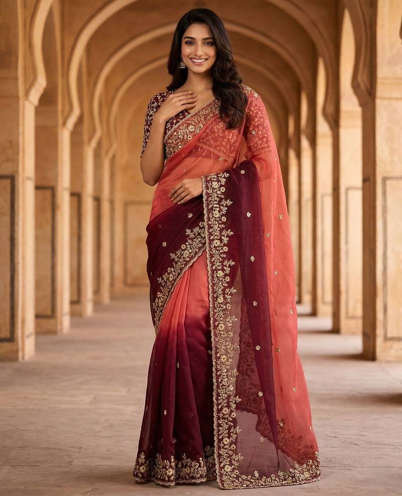 Maroon color beautiful sequins embroidered frendy chiffon ceremonial saree