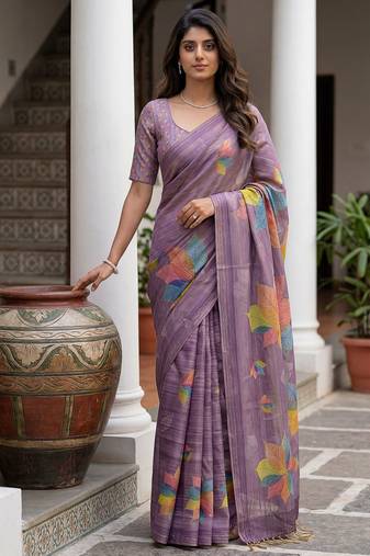 Beautiful purple color virana silk fabric elegant printed saree with dori work