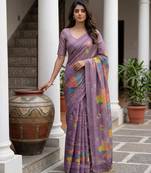 Beautiful purple virana silk fabric elegant printed saree with dori work