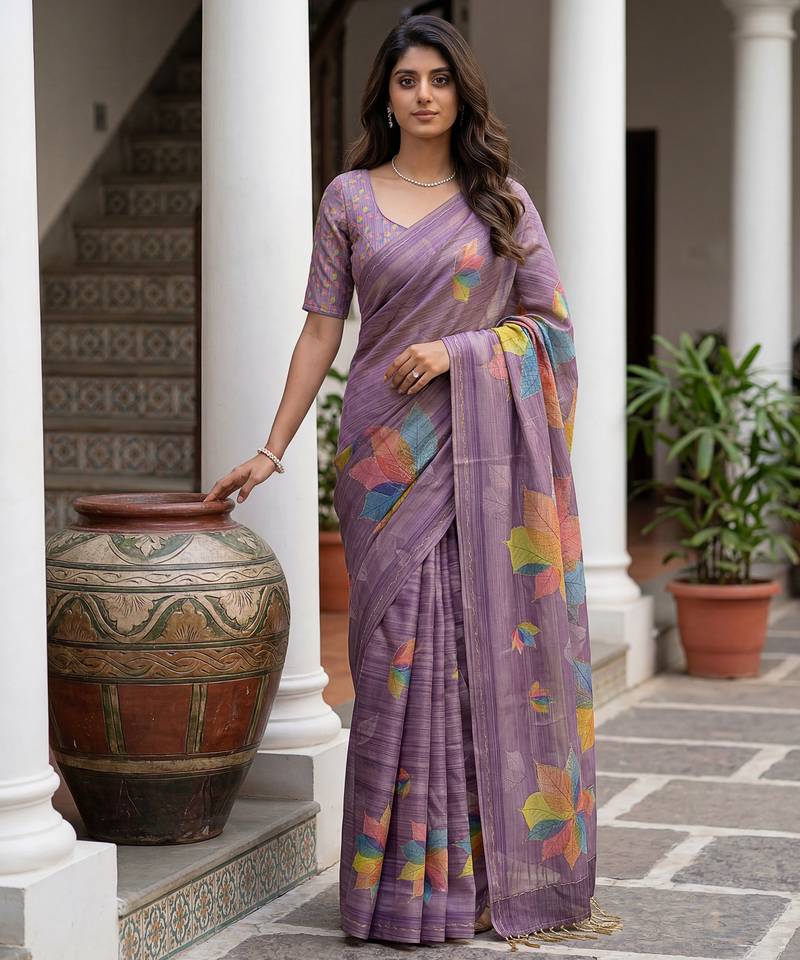 Beautiful purple color virana silk fabric elegant printed saree with dori work