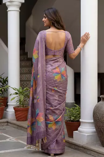  purple virana silk blend elegant printed saree with dori work