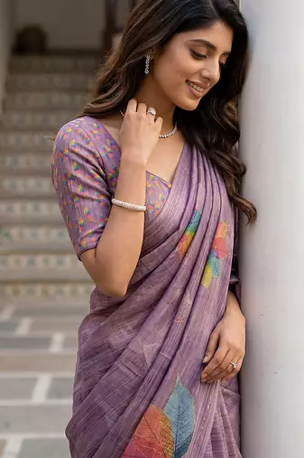  purple virana silk blend elegant printed saree with dori work