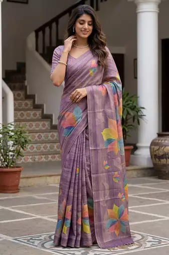  purple virana silk blend elegant printed saree with dori work
