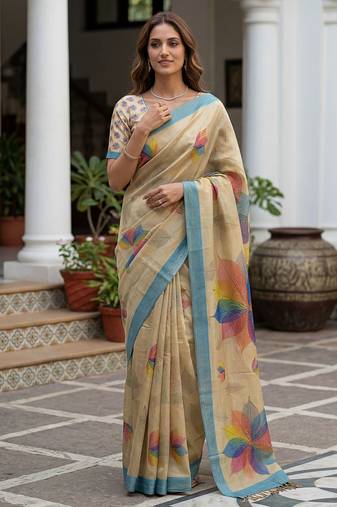 Beautiful yellow virana silk fabric elegant printed saree with dori work