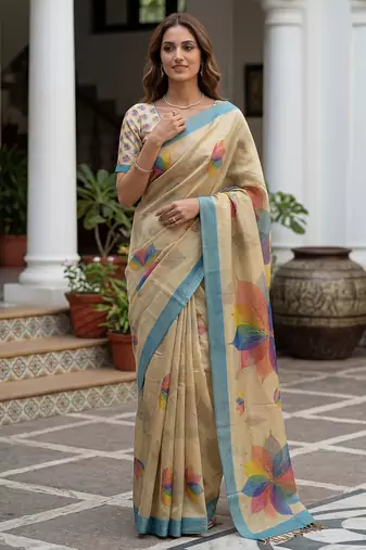 Beautiful yellow color virana silk fabric elegant printed saree with dori work