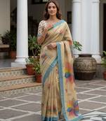 Beautiful yellow virana silk fabric elegant printed saree with dori work