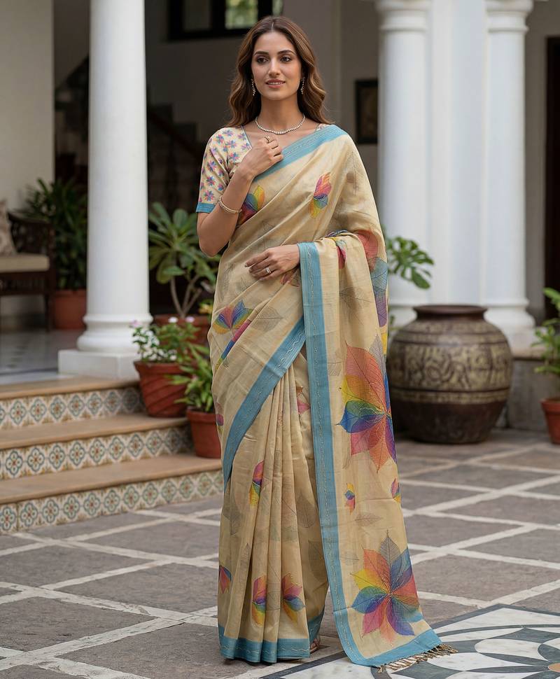 Beautiful yellow color virana silk fabric elegant printed saree with dori work