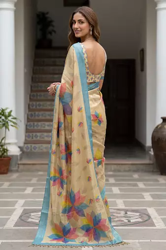  yellow virana silk blend elegant printed saree with dori work